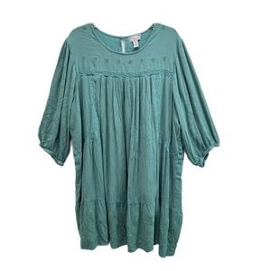 Studio West Dress Women Plus 3X Green Teal Embroidered Tiered Knee Length